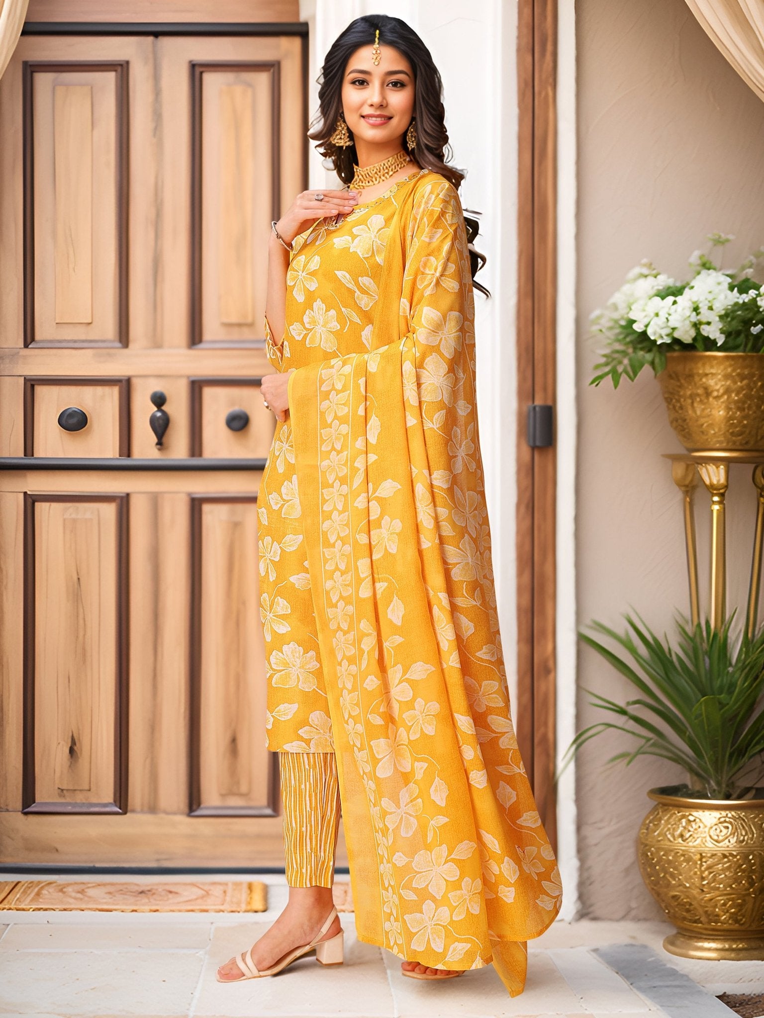 Yellow Pure Cotton Festive Kurta Set — back view with dupatta — Banwaree India