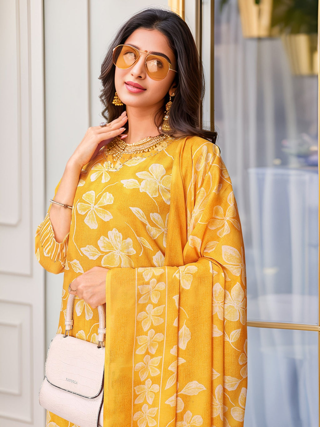 Yellow Pure Cotton Festive Kurta Set — dupatta close up — Yellow Pure Cotton — Banwaree