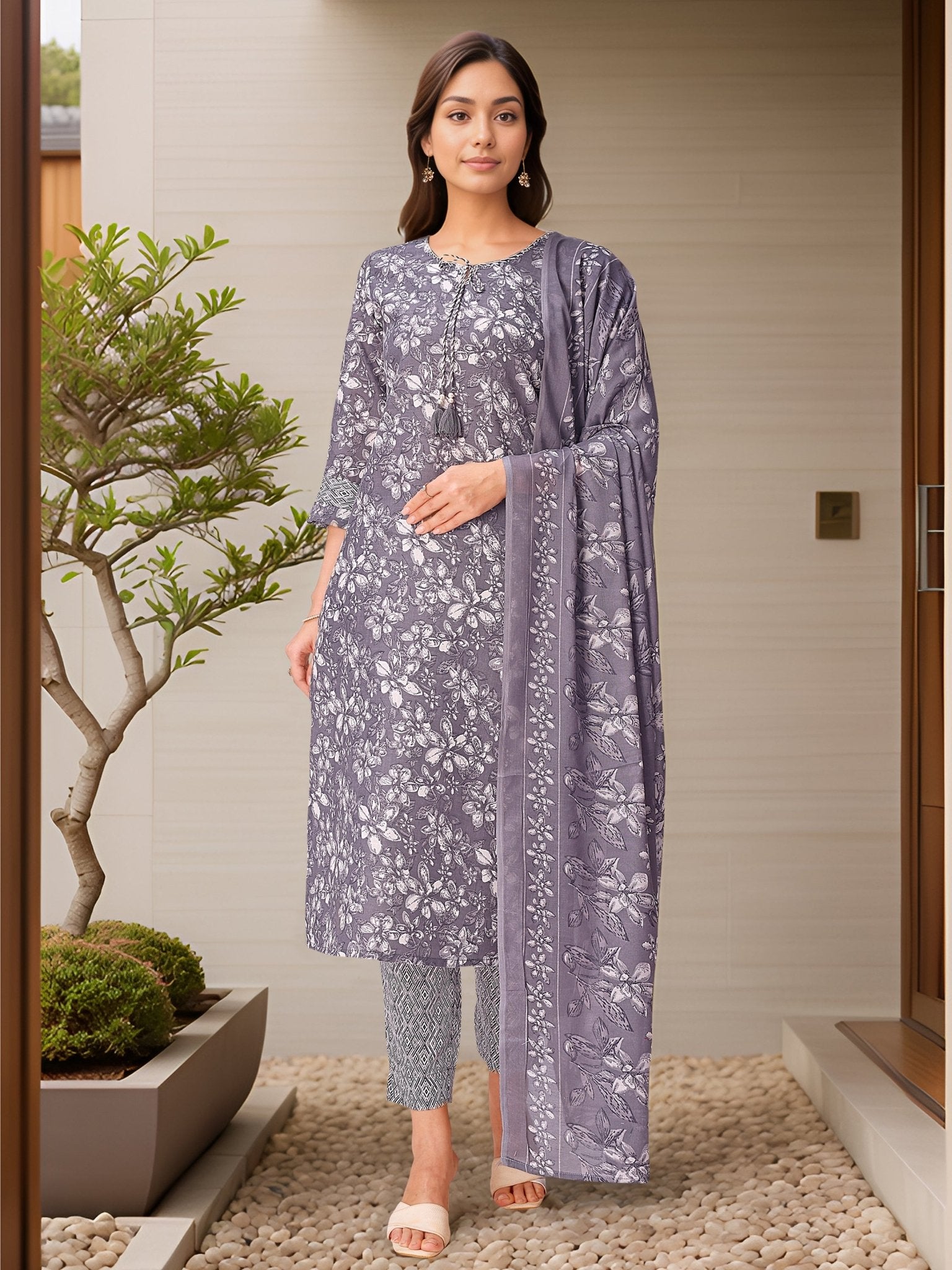 Grey Printed Kurta Set — front view — pure cotton ethnic wear women
