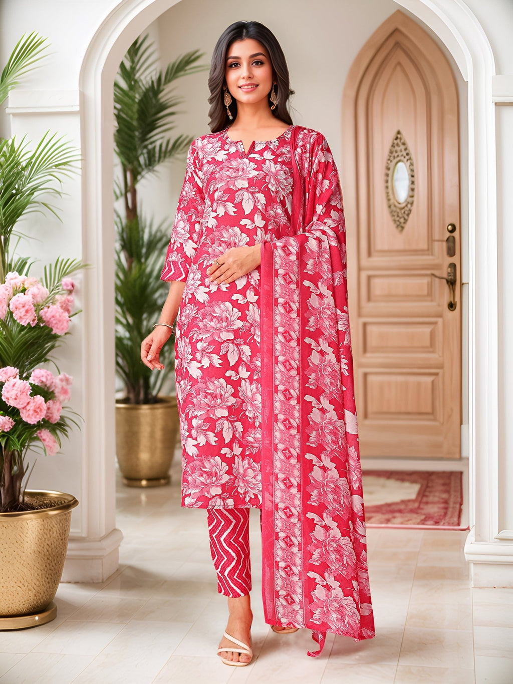 Red Pure Cotton Printed Ethnic Kurta Set — front view — pure cotton ethnic wear women