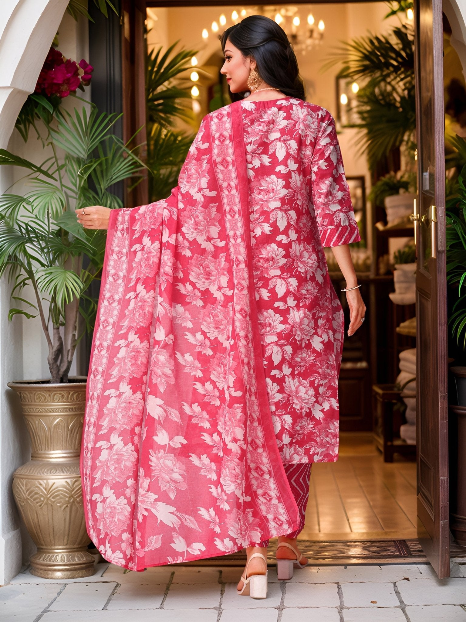 Red Pure Cotton Printed Ethnic Kurta Set — side view — Red Pure Cotton women — Banwaree