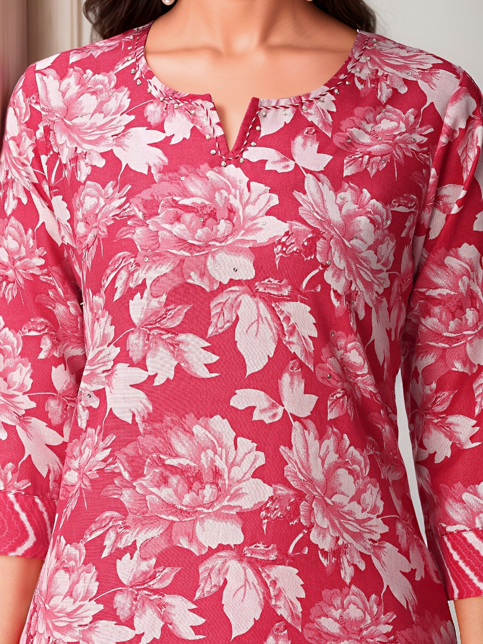 Red Pure Cotton Printed Ethnic Kurta Set — fabric detail — Red comfortable pure cotton