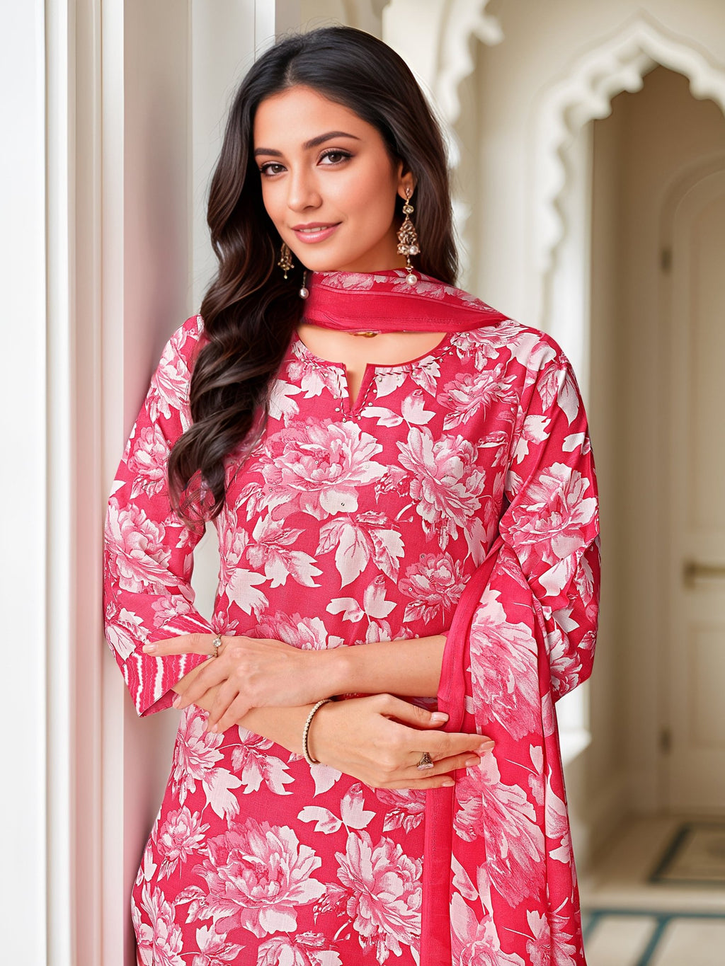 Red Pure Cotton Printed Ethnic Kurta Set — dupatta close up — Red Pure Cotton — Banwaree