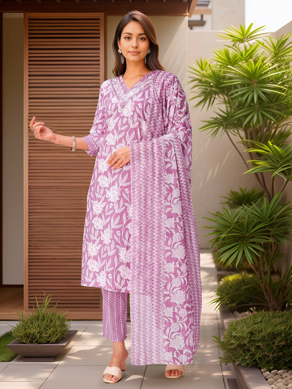 Printed Lavender Pure Cotton Kurta Set — front view — pure cotton ethnic wear women