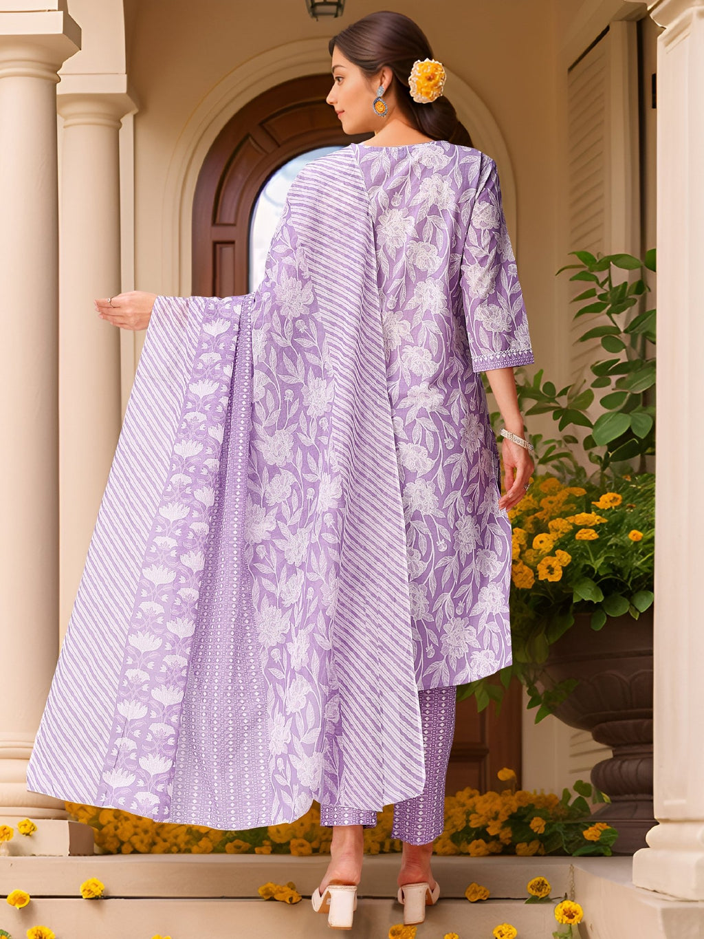 Purple Printed Kurta Set — side view — Purple Pure Cotton women — Banwaree