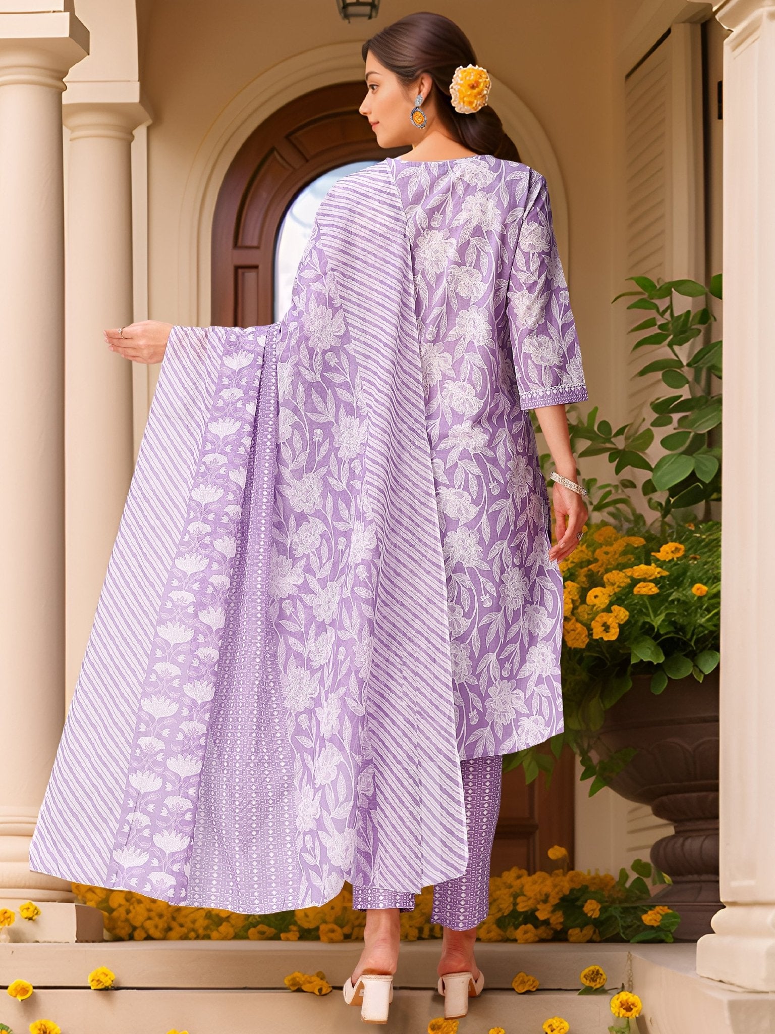Purple Printed Kurta Set — side view — Purple Pure Cotton women — Banwaree