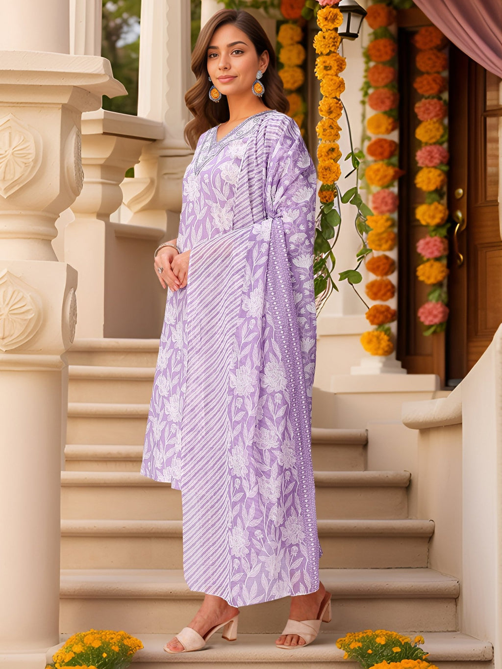 Purple Printed Kurta Set — back view with dupatta — Banwaree India