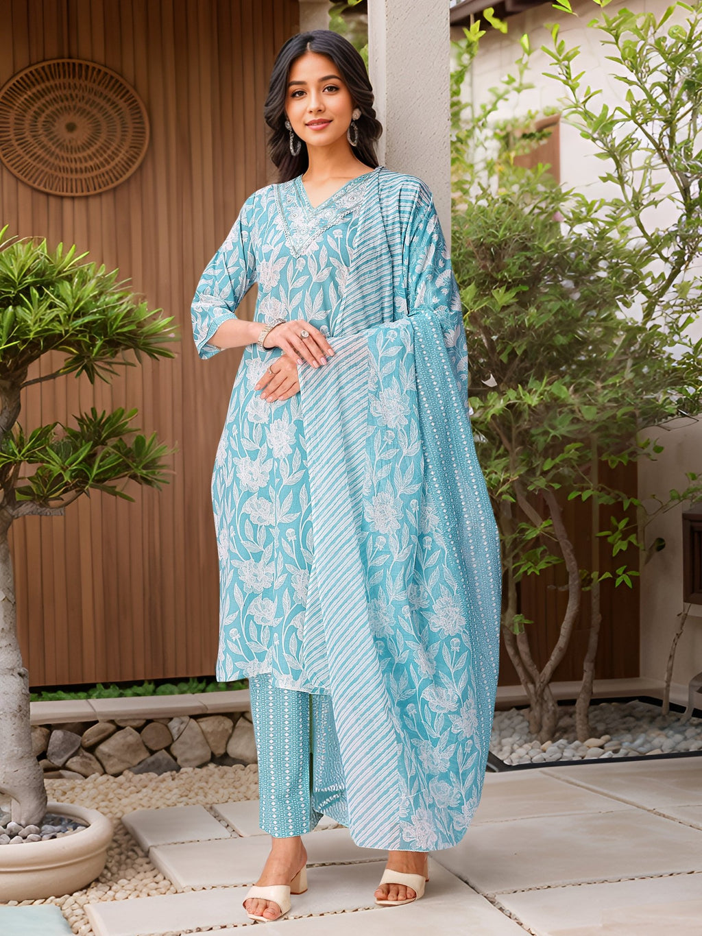 Blue Printed Pure Cotton Kurta Set — front view — pure cotton ethnic wear women