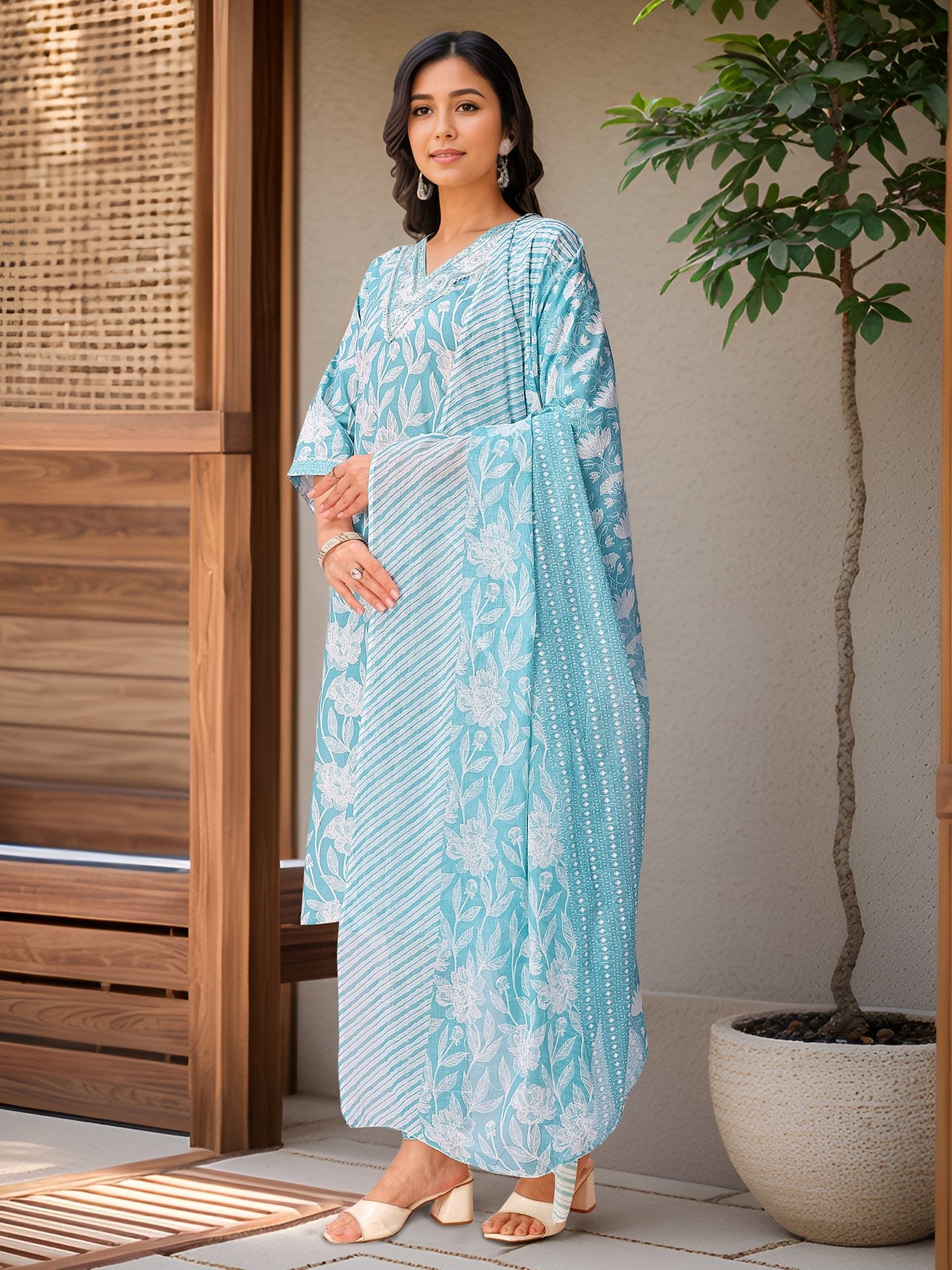 Blue Printed Pure Cotton Kurta Set — back view with dupatta — Banwaree India