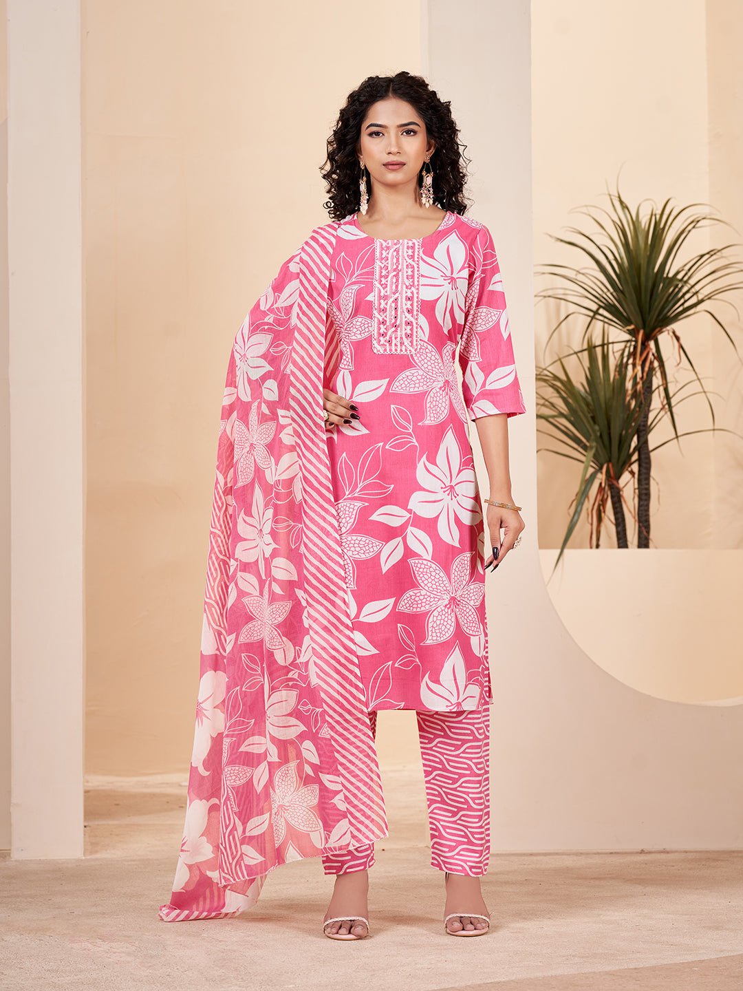 Pink Pure Cotton Printed Kurta Set — front view — pure cotton ethnic wear women