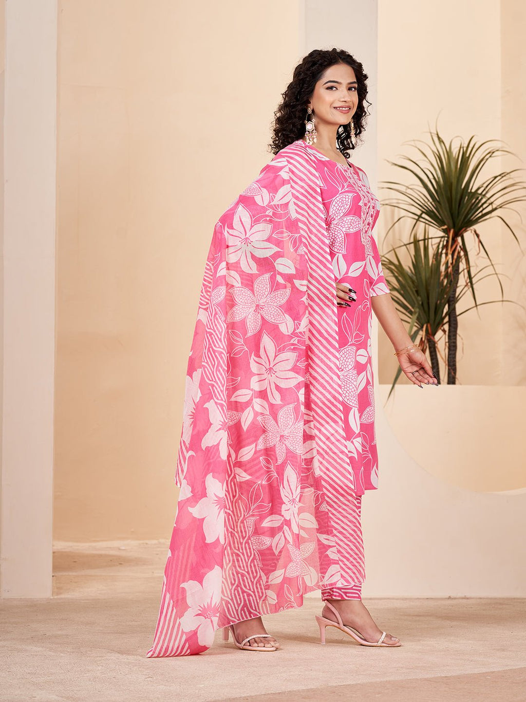 Pink Pure Cotton Printed Kurta Set — side view — Pink Pure Cotton women — Banwaree