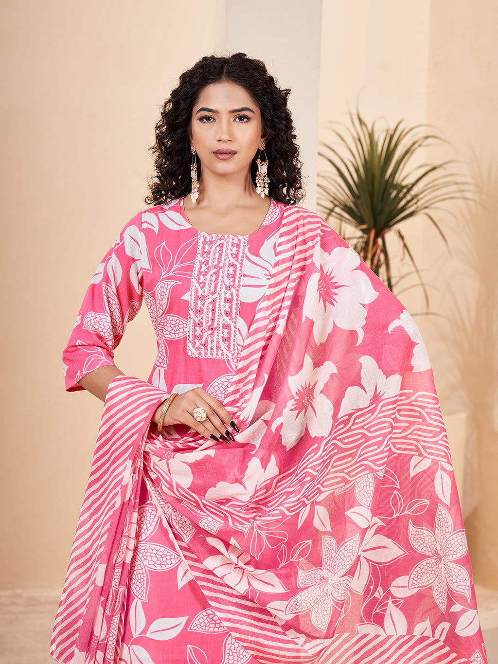 Pink Pure Cotton Printed Kurta Set — fabric detail — Pink comfortable pure cotton