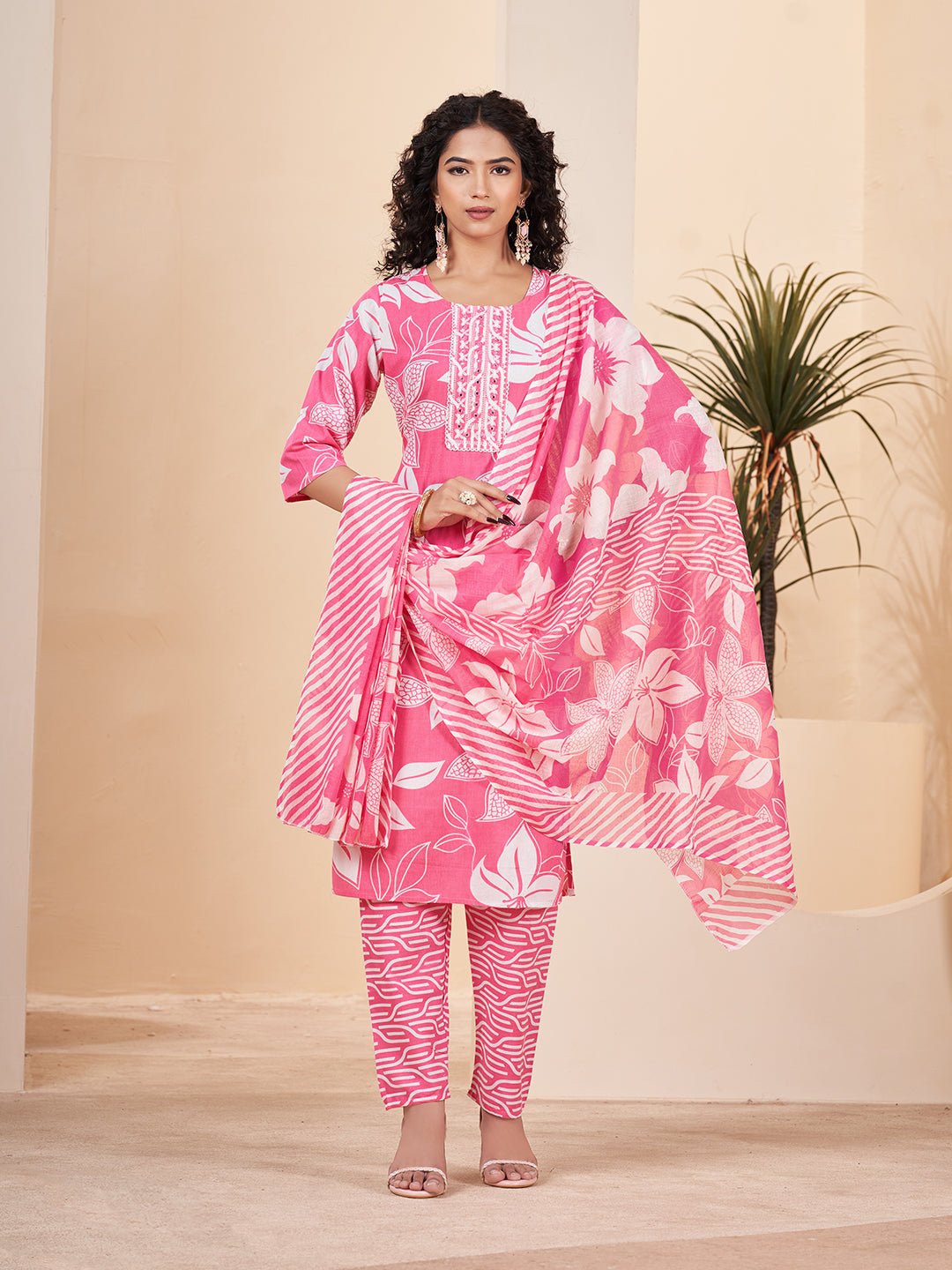 Pink Pure Cotton Printed Kurta Set — complete 3-piece set — Pink Pure Cotton