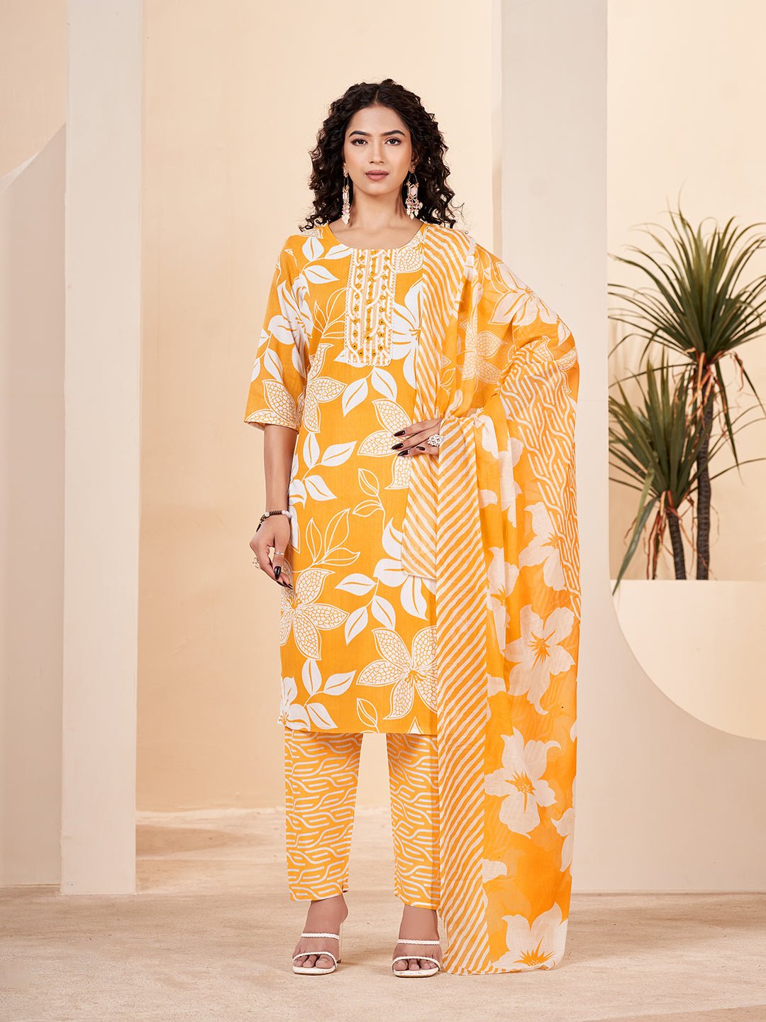 Yellow Printed Pure Cotton Kurta Set — front view — pure cotton ethnic wear women 2