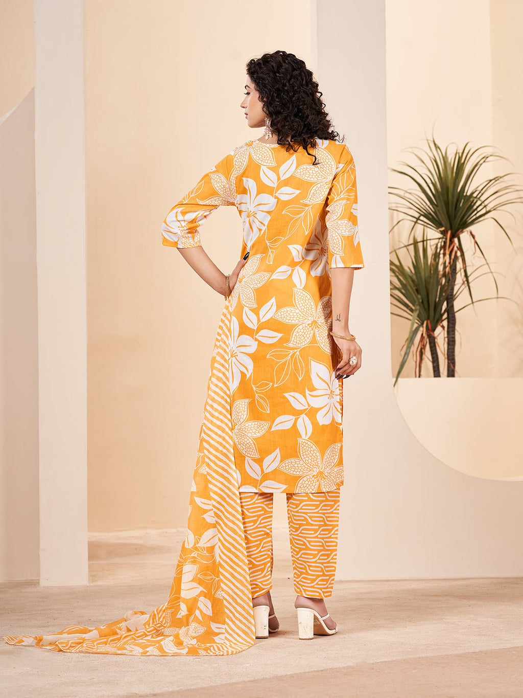 Yellow Printed Pure Cotton Kurta Set — back view with dupatta — Banwaree India 2