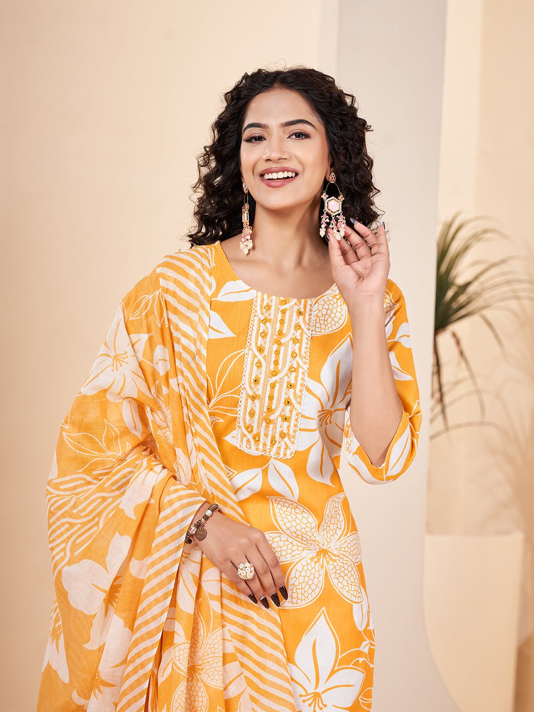 Yellow Printed Pure Cotton Kurta Set — fabric detail — Yellow comfortable pure cotton 2