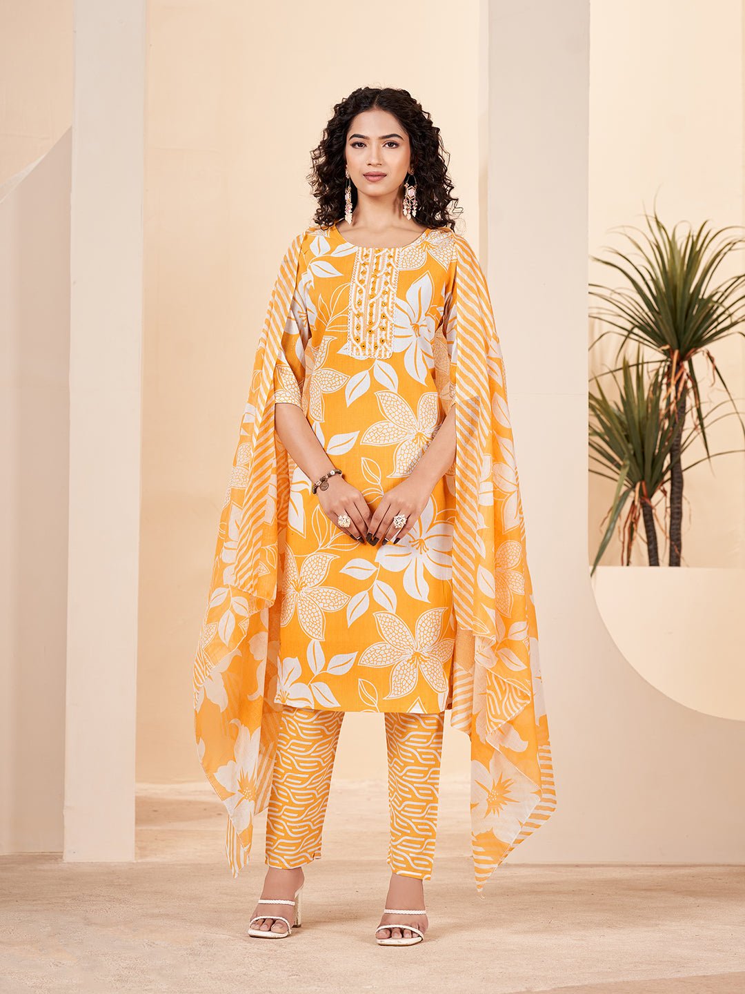 Yellow Printed Pure Cotton Kurta Set — complete 3-piece set — Yellow Pure Cotton