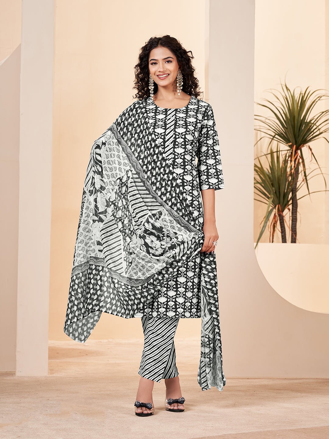 Black Pure Cotton Kurta Set — front view — pure cotton ethnic wear women