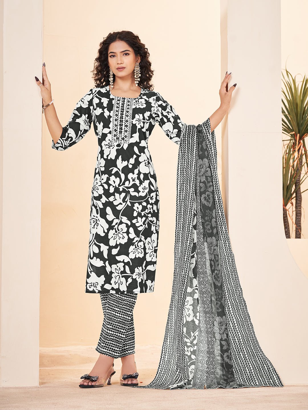 Printed Black Kurta Set in Pure Cotton — front view — pure cotton ethnic wear women