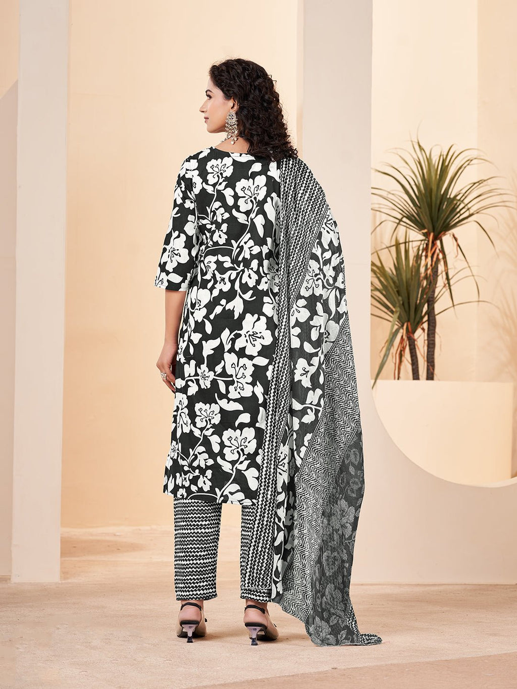 Printed Black Kurta Set in Pure Cotton — back view with dupatta — Banwaree India