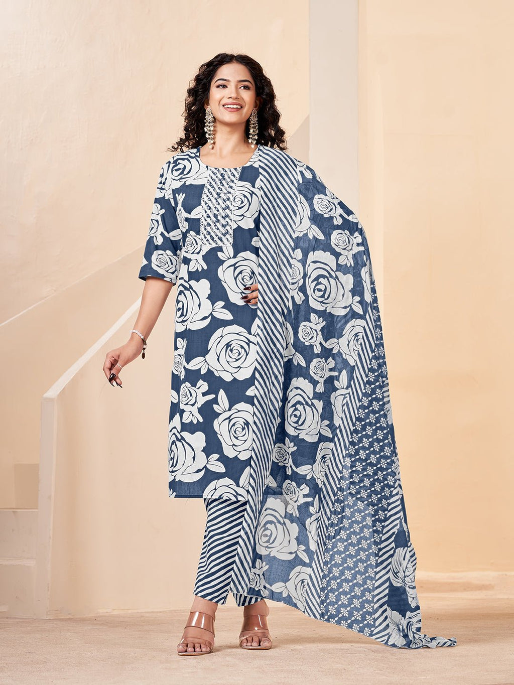 Blue Pure Cotton Straight Kurta Set — front view — pure cotton ethnic wear women