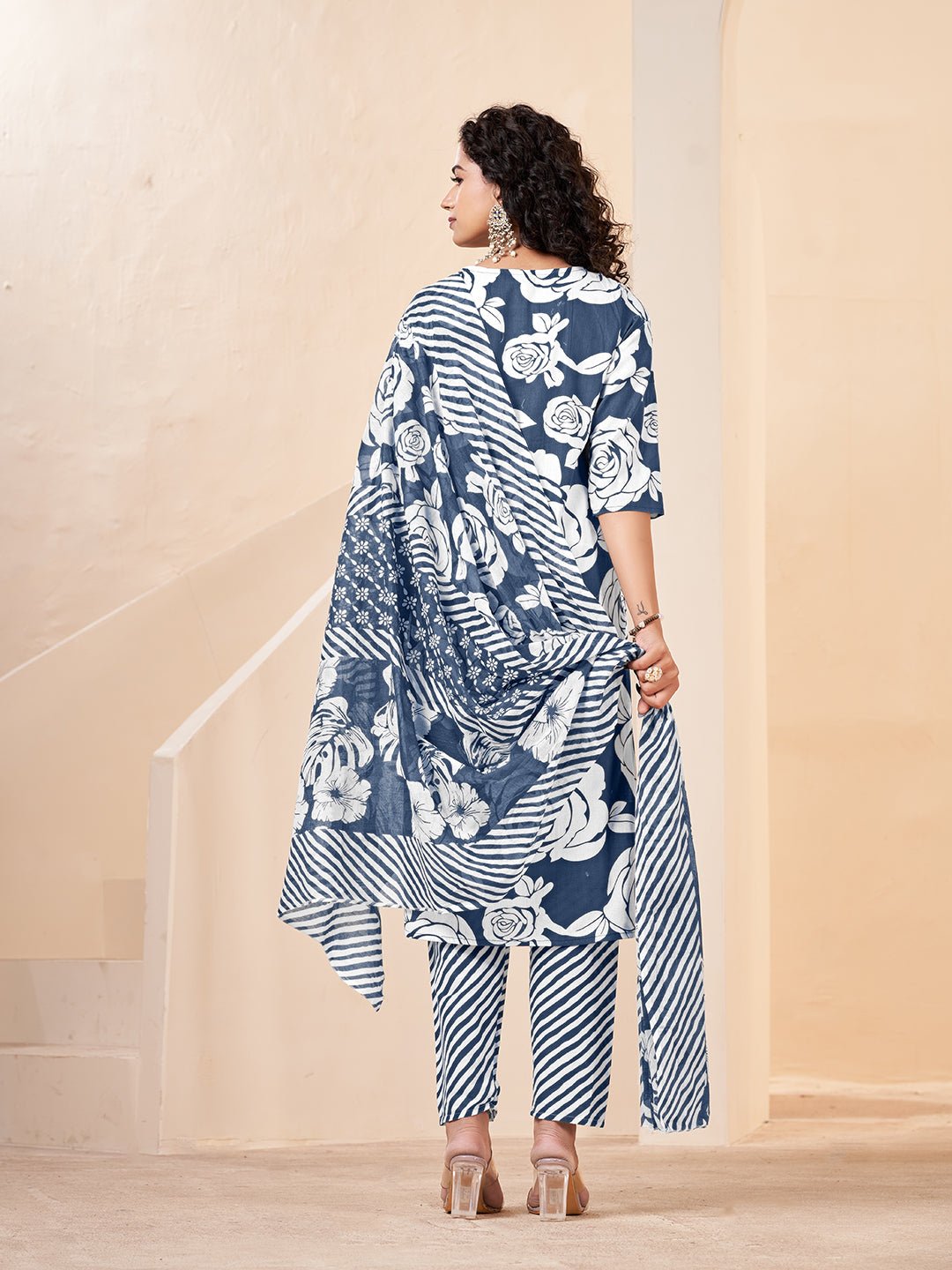 Blue Pure Cotton Straight Kurta Set — back view with dupatta — Banwaree India