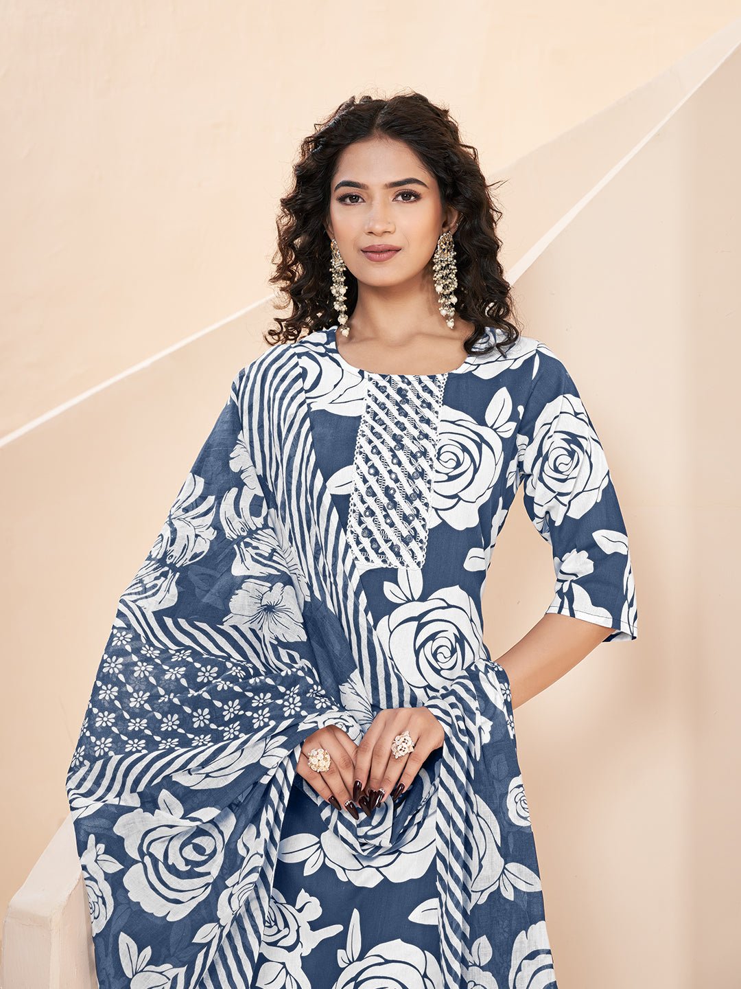 Blue Pure Cotton Straight Kurta Set — fabric detail — Blue comfortable pure cotton