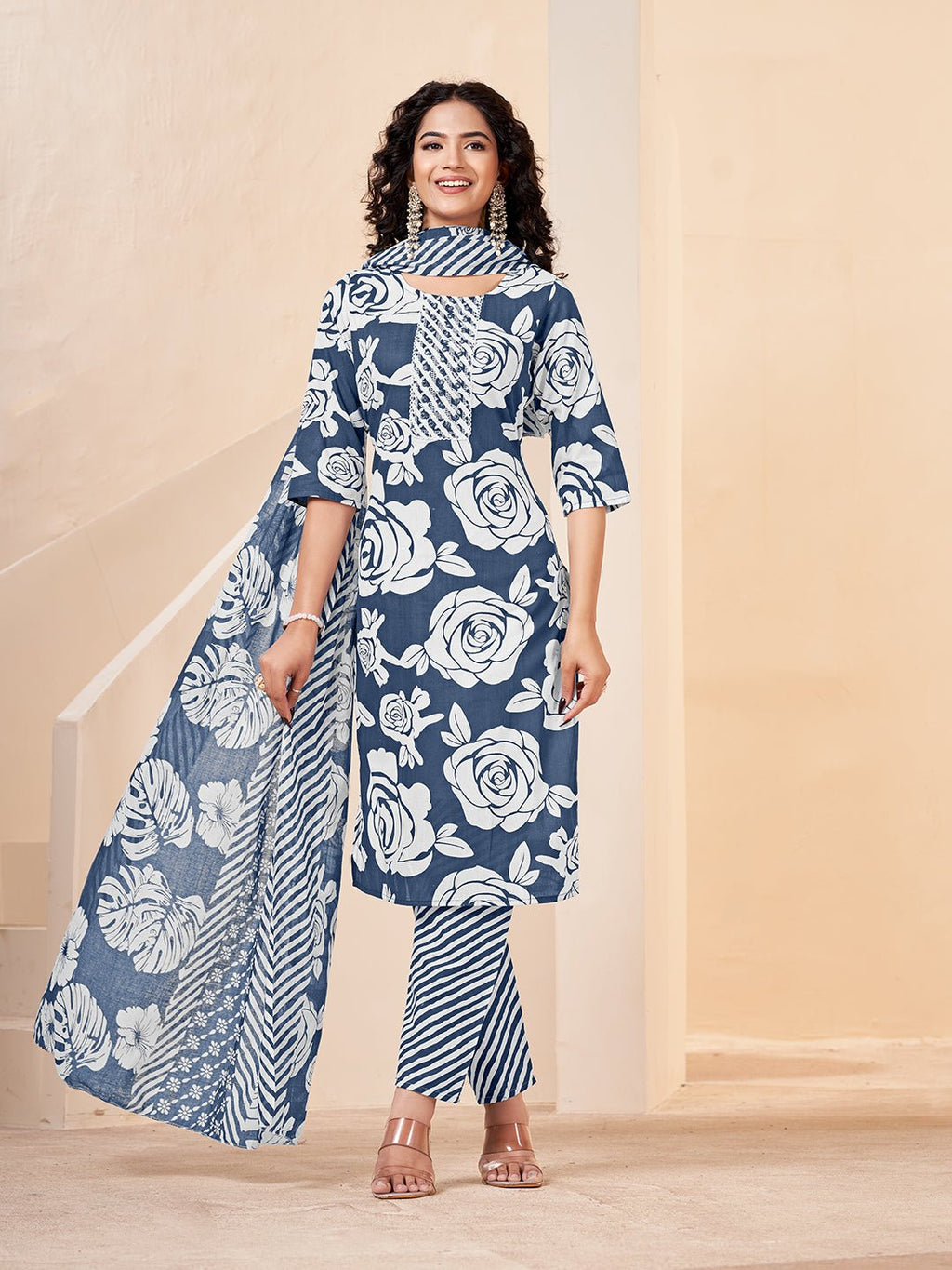 Blue Pure Cotton Straight Kurta Set — complete 3-piece set — Blue Pure Cotton