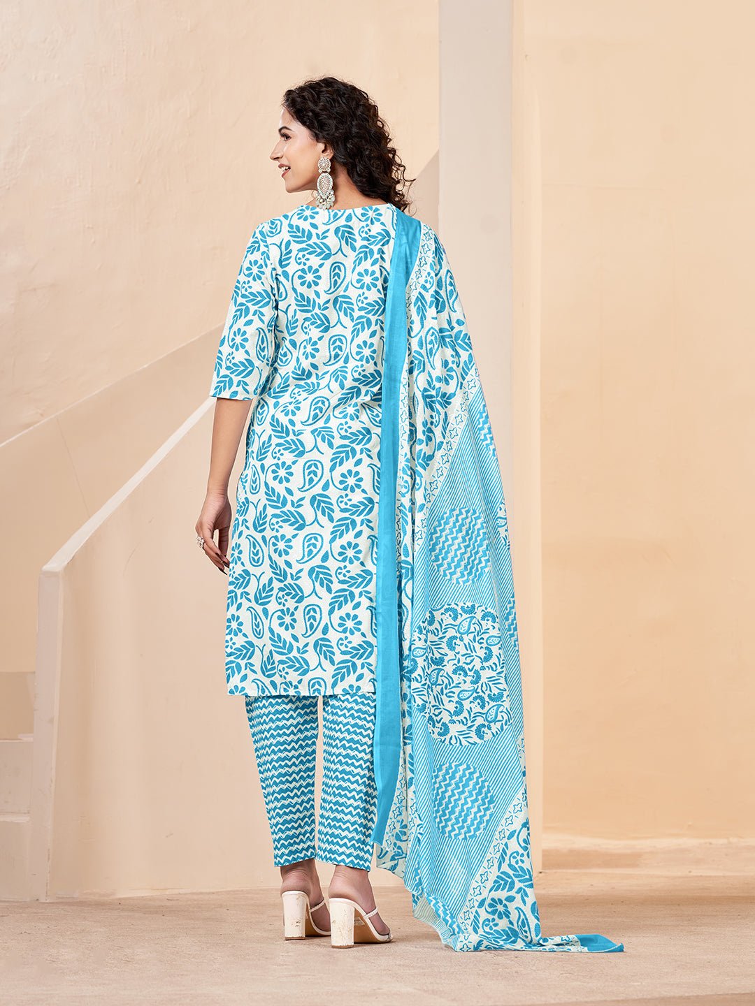 Blue Straight Kurta Set — back view with dupatta — Banwaree India