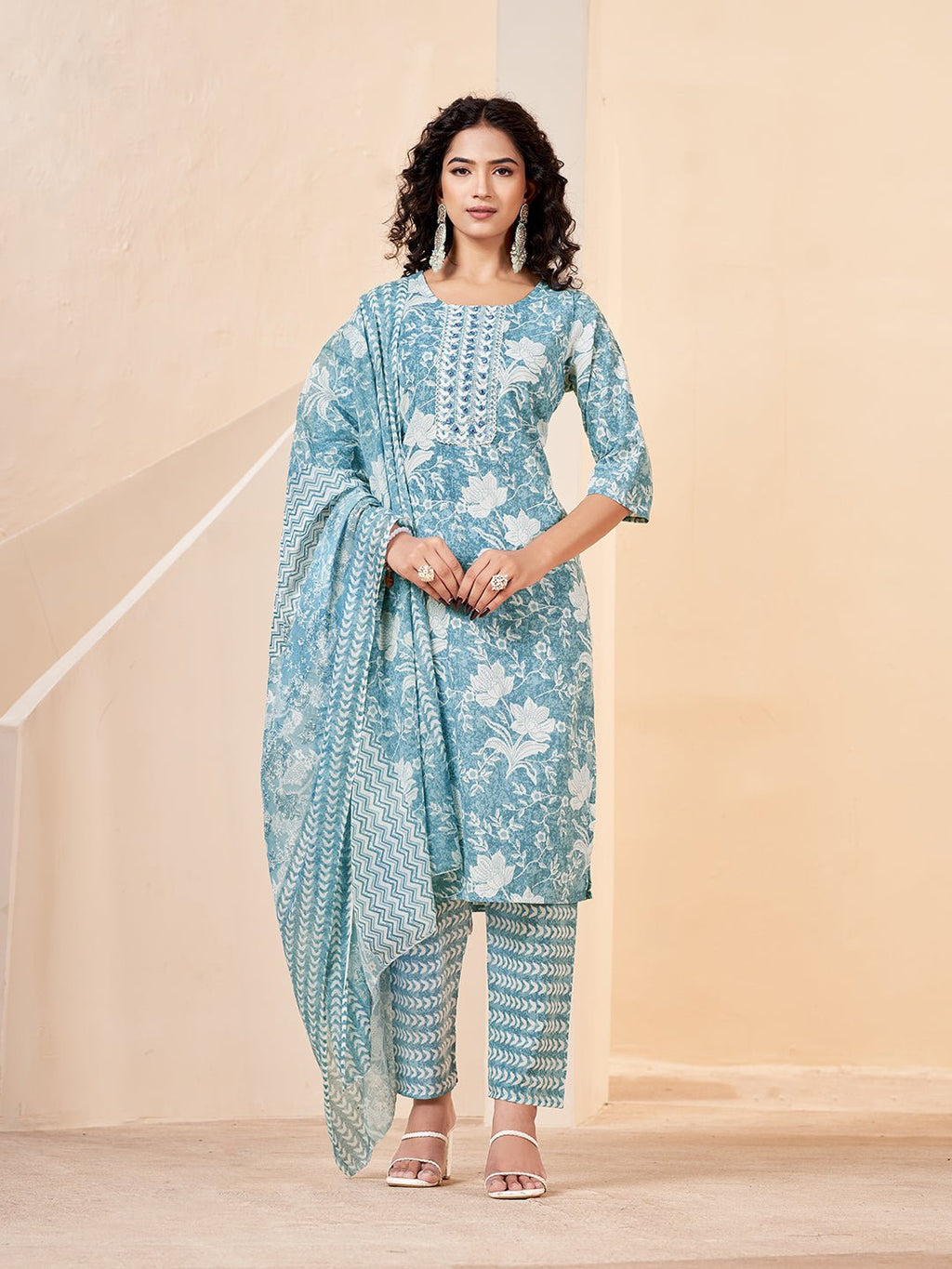 Blue Printed Pure Cotton Ethnic Kurta Set — front view — pure cotton ethnic wear women
