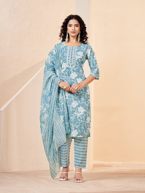 Blue Printed Pure Cotton Ethnic Kurta Set — front view — pure cotton ethnic wear women