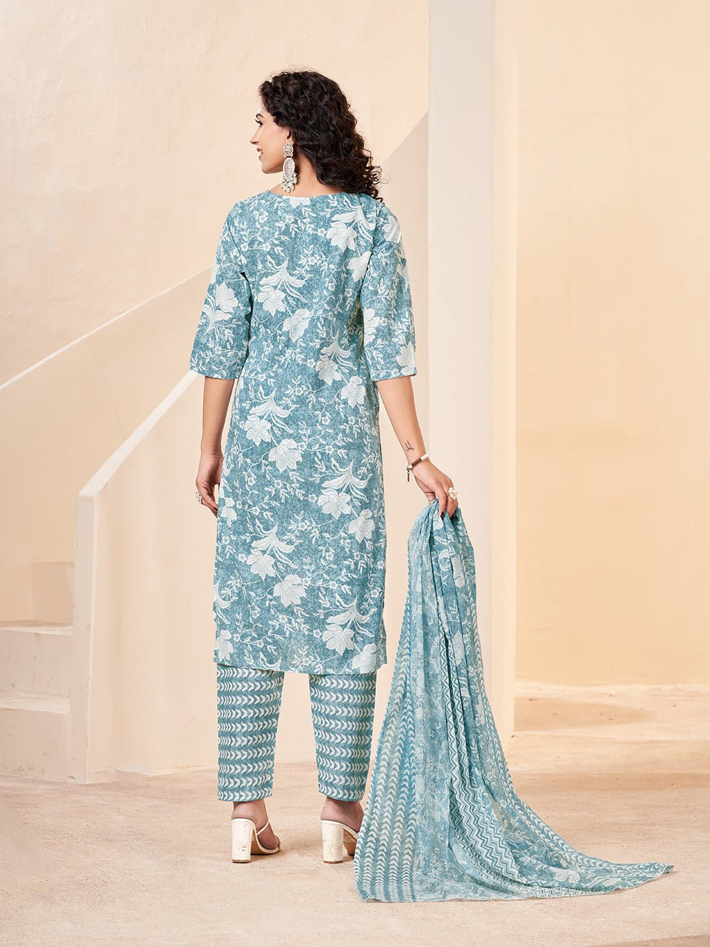 Blue Printed Pure Cotton Ethnic Kurta Set — back view with dupatta — Banwaree India