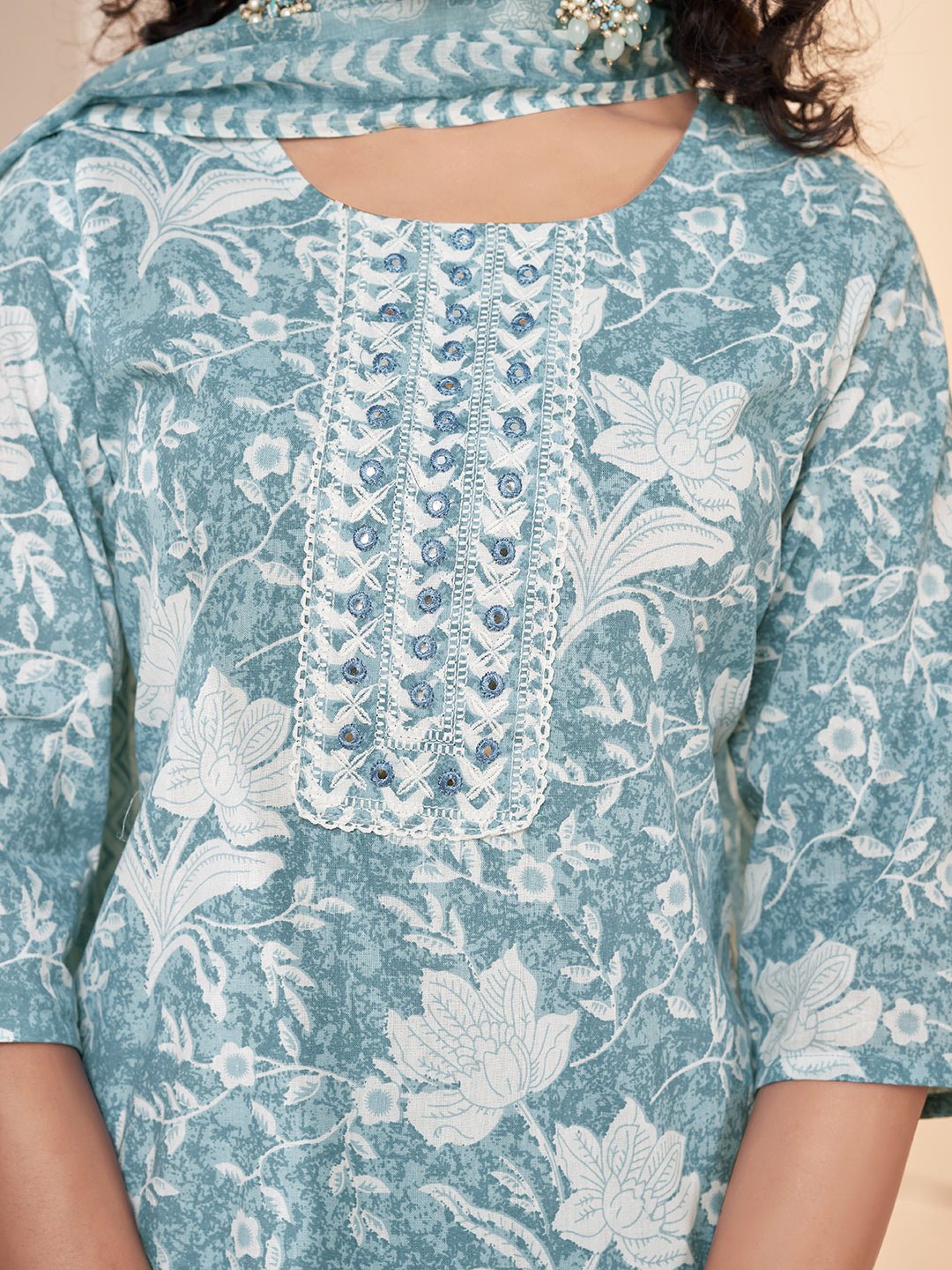 Blue Printed Pure Cotton Ethnic Kurta Set — fabric detail — Blue comfortable pure cotton