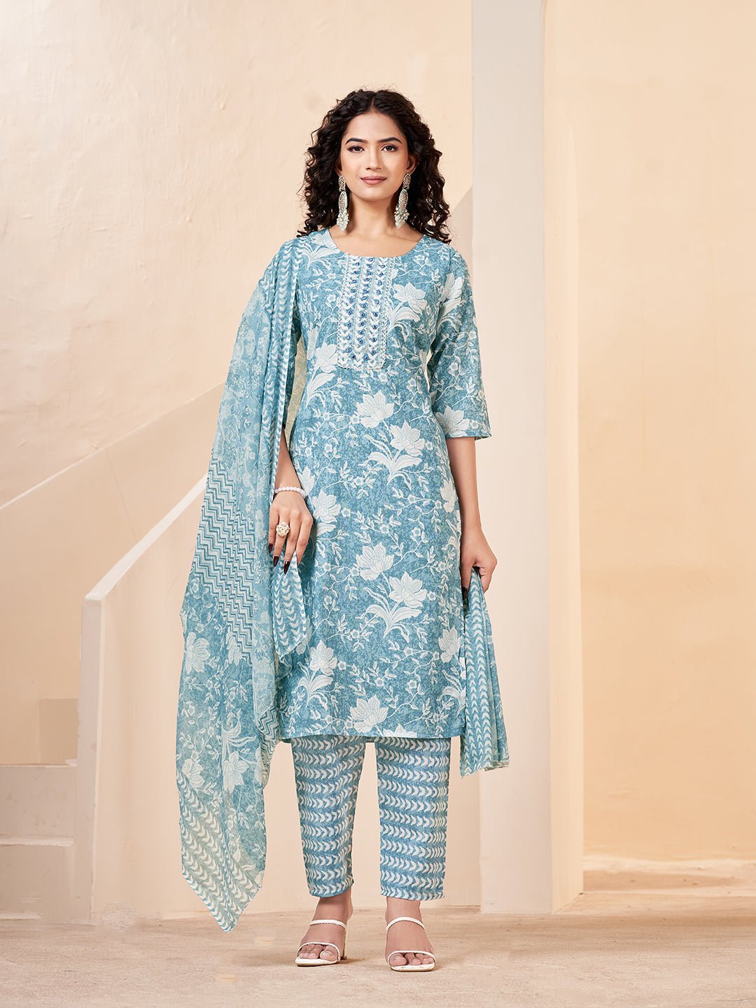 Blue Printed Pure Cotton Ethnic Kurta Set — complete 3-piece set — Blue Pure Cotton