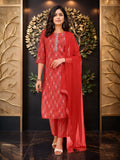 Red Cotton Blend Printed Kurta Set — front view — pure cotton ethnic wear women