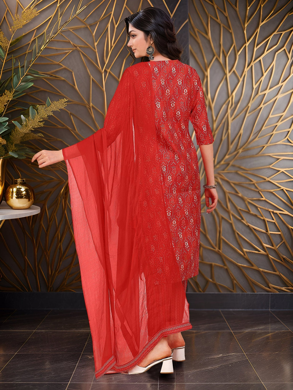 Red Cotton Blend Printed Kurta Set — back view with dupatta — Banwaree India