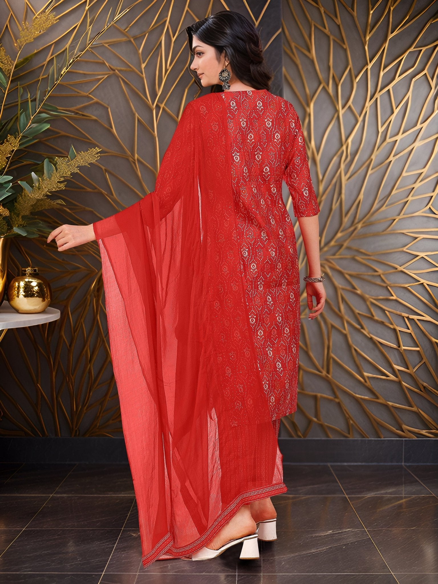 Red Cotton Blend Printed Kurta Set — back view with dupatta — Banwaree India