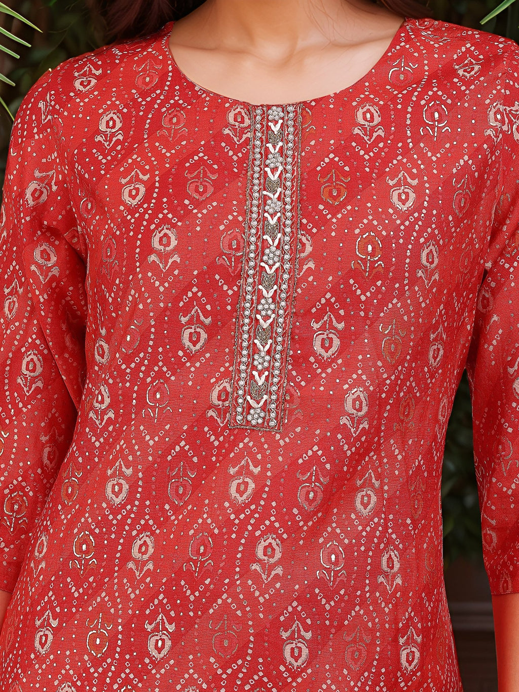 Red Cotton Blend Printed Kurta Set — fabric detail — Red breathable cotton blend