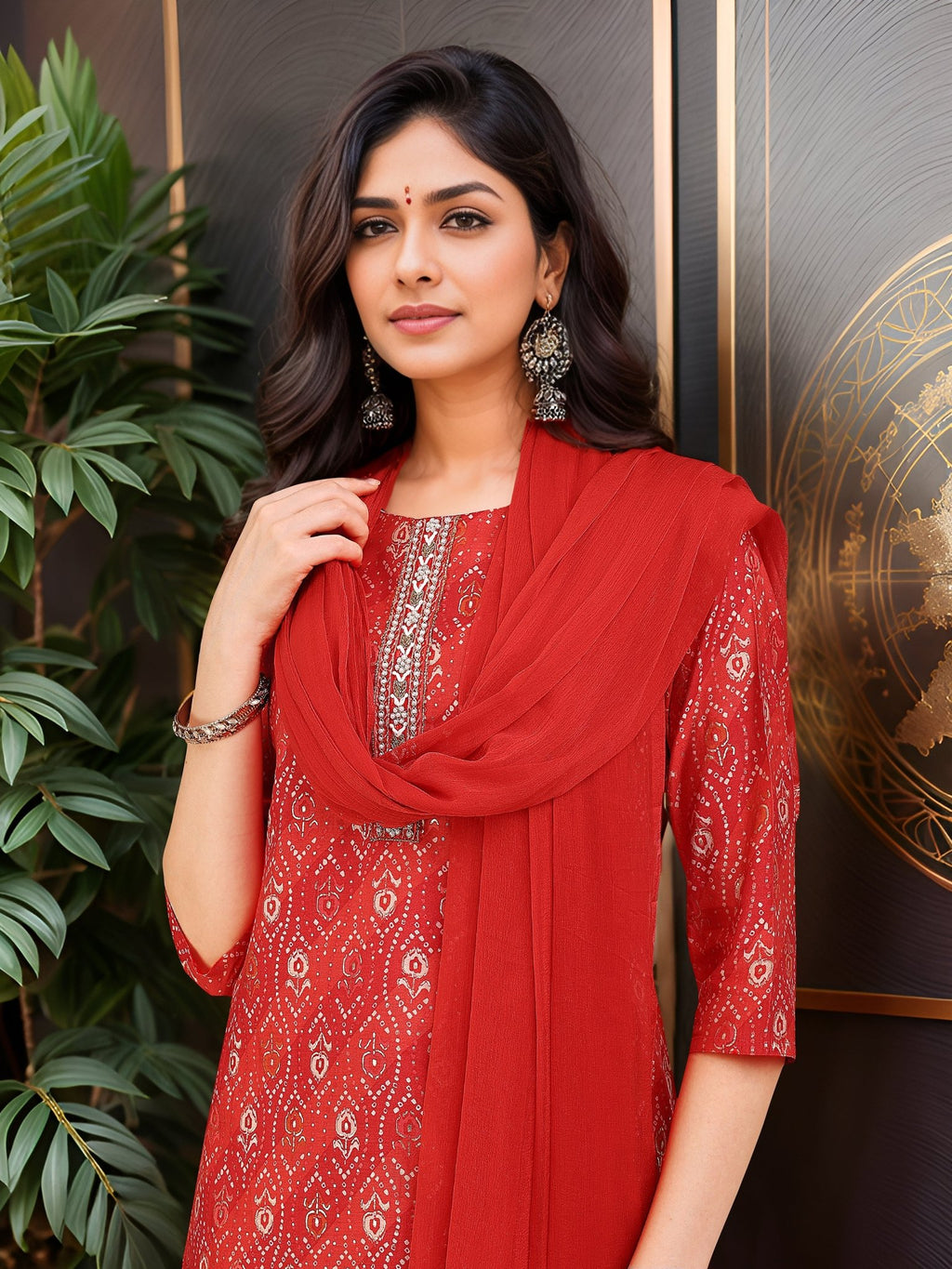 Red Cotton Blend Printed Kurta Set — dupatta close up — Red Cotton Blend — Banwaree