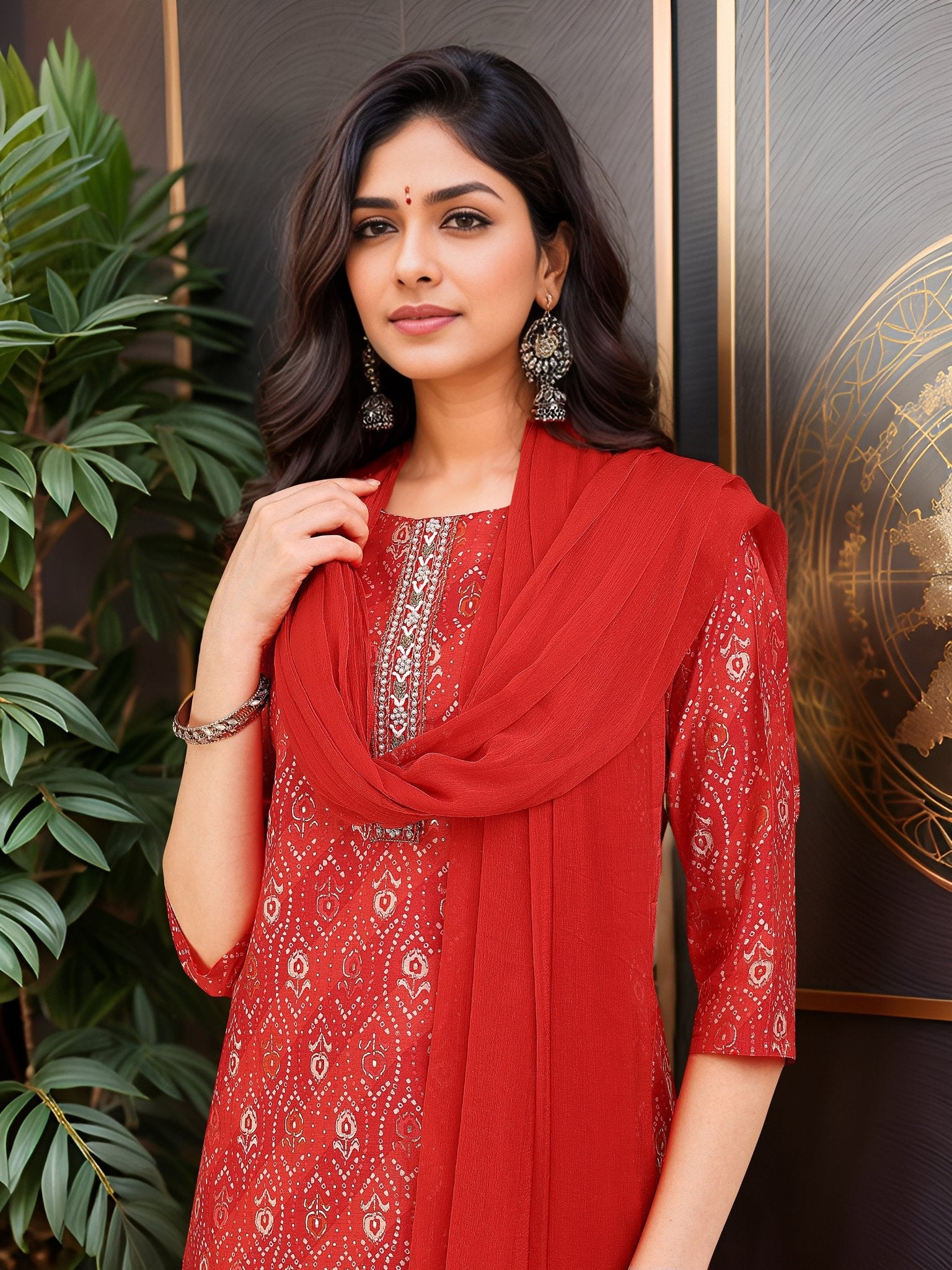 Red Cotton Blend Printed Kurta Set — dupatta close up — Red Cotton Blend — Banwaree