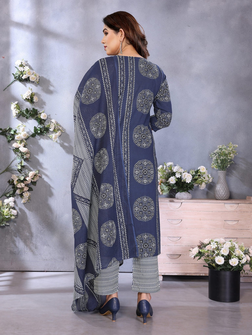 Navy Blue Printed Pure Cotton Kurta Set — back view with dupatta — Banwaree India
