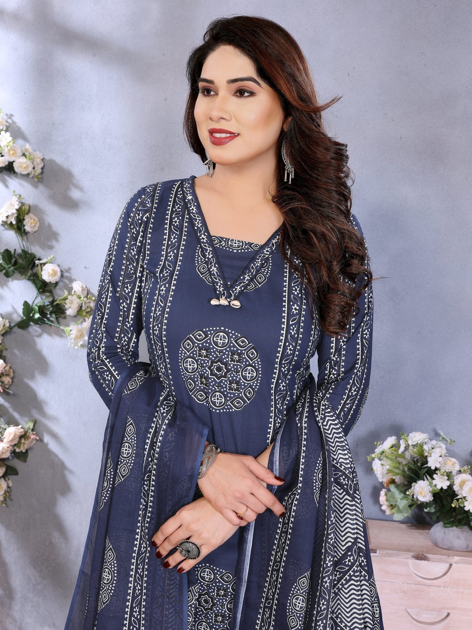 Navy Blue Printed Pure Cotton Kurta Set — fabric detail — Blue comfortable pure cotton