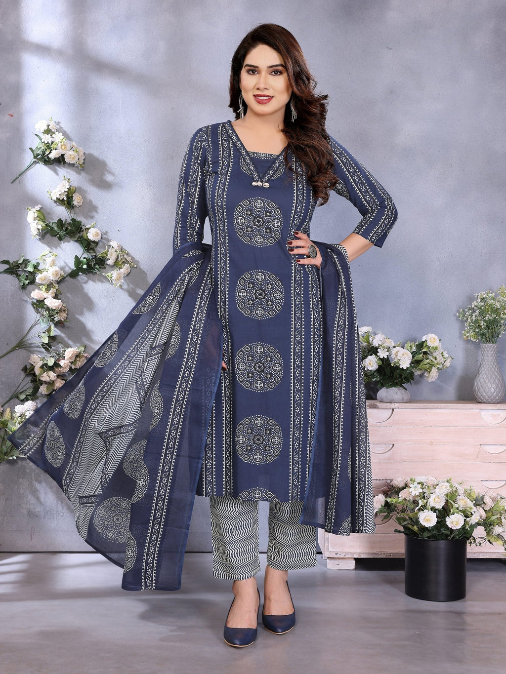 Navy Blue Printed Pure Cotton Kurta Set — everyday styling — summer pure cotton — Banwaree