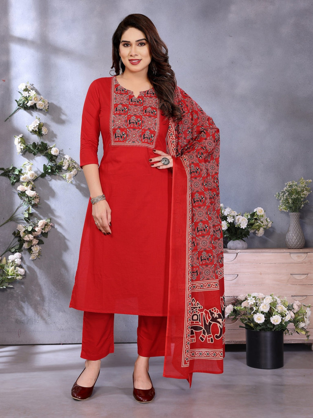 Red Pure Cotton Printed Kurta Set — front view — pure cotton ethnic wear women