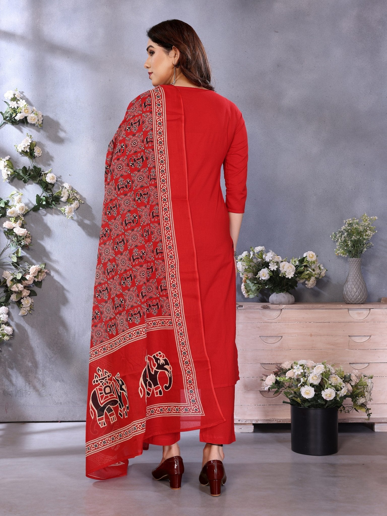 Red Pure Cotton Printed Kurta Set — back view with dupatta — Banwaree India