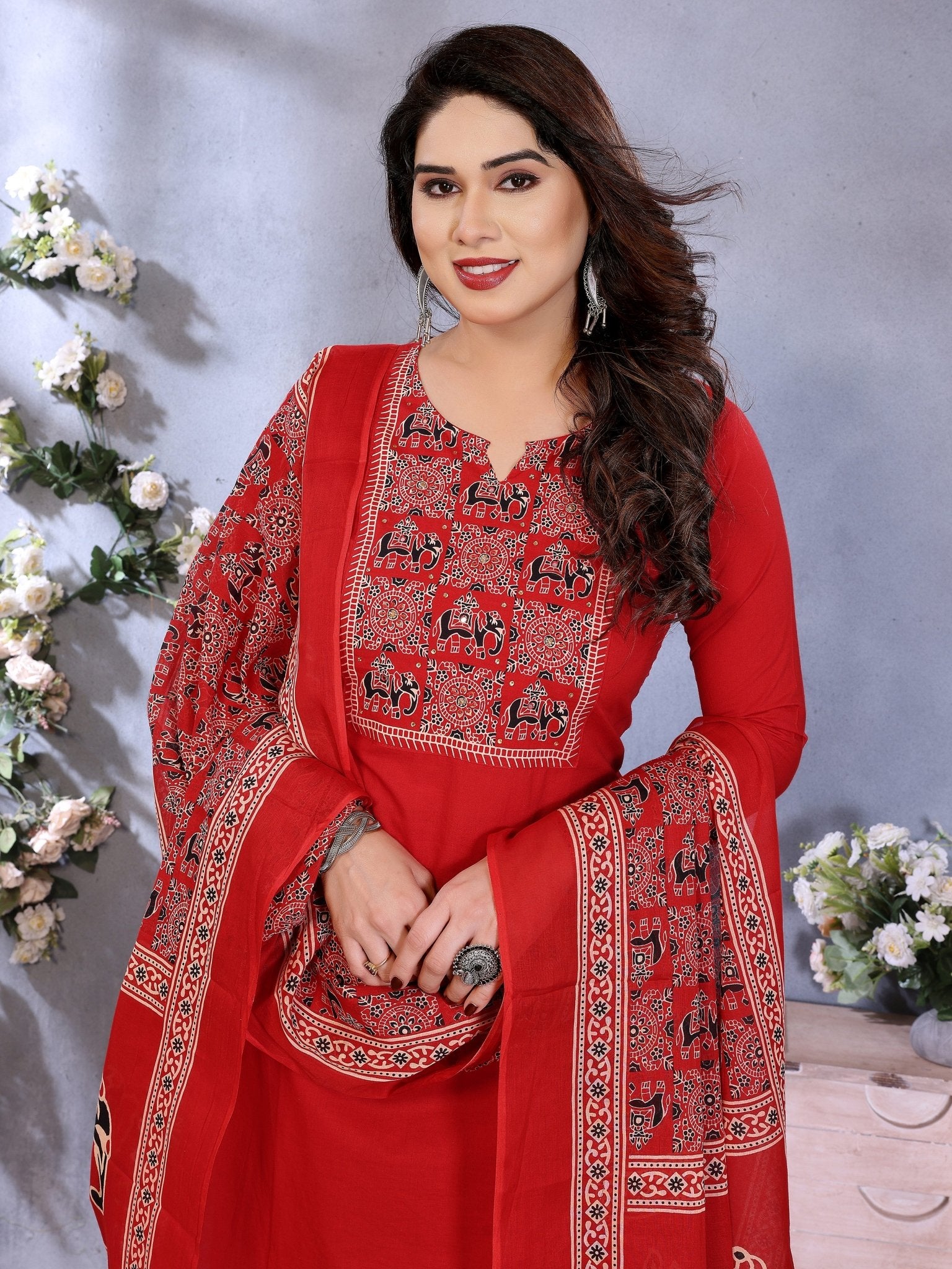 Red Pure Cotton Printed Kurta Set — fabric detail — Red comfortable pure cotton