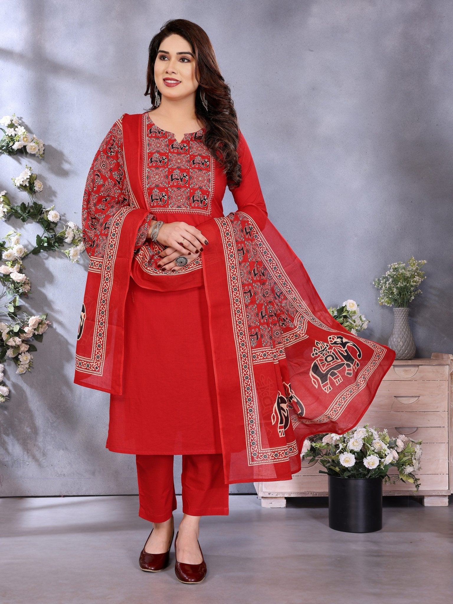 Red Pure Cotton Printed Kurta Set — festive styling — summer pure cotton — Banwaree