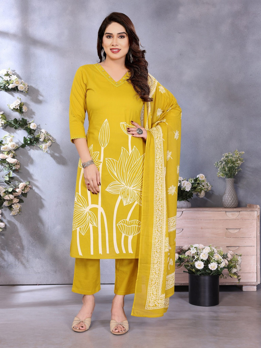 Yellow Printed Pure Cotton Kurta Set — front view — pure cotton ethnic wear women