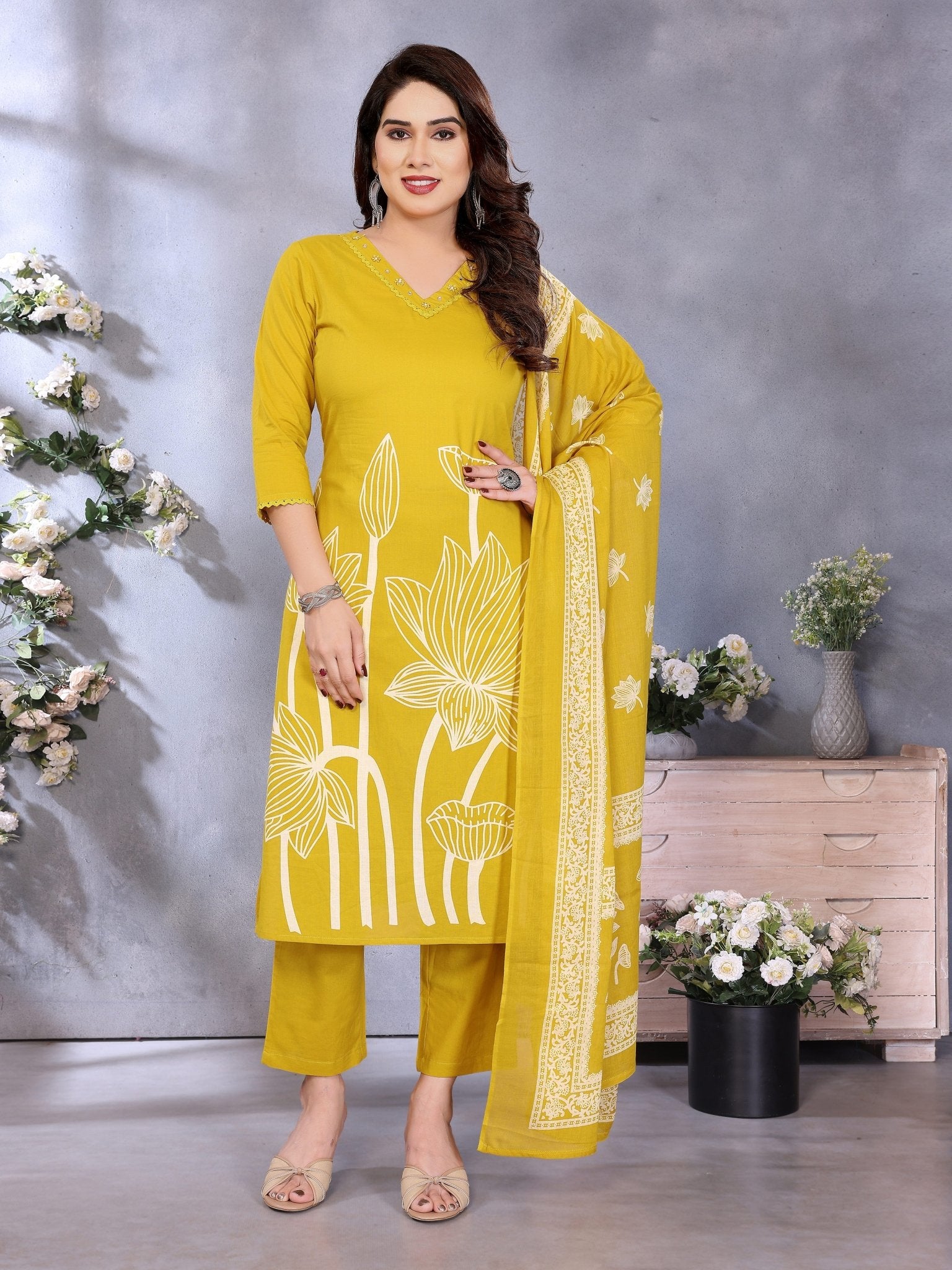 Yellow Printed Pure Cotton Kurta Set — front view — pure cotton ethnic wear women