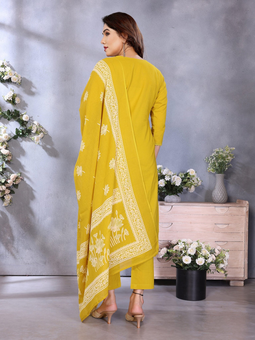 Yellow Printed Pure Cotton Kurta Set — back view with dupatta — Banwaree India
